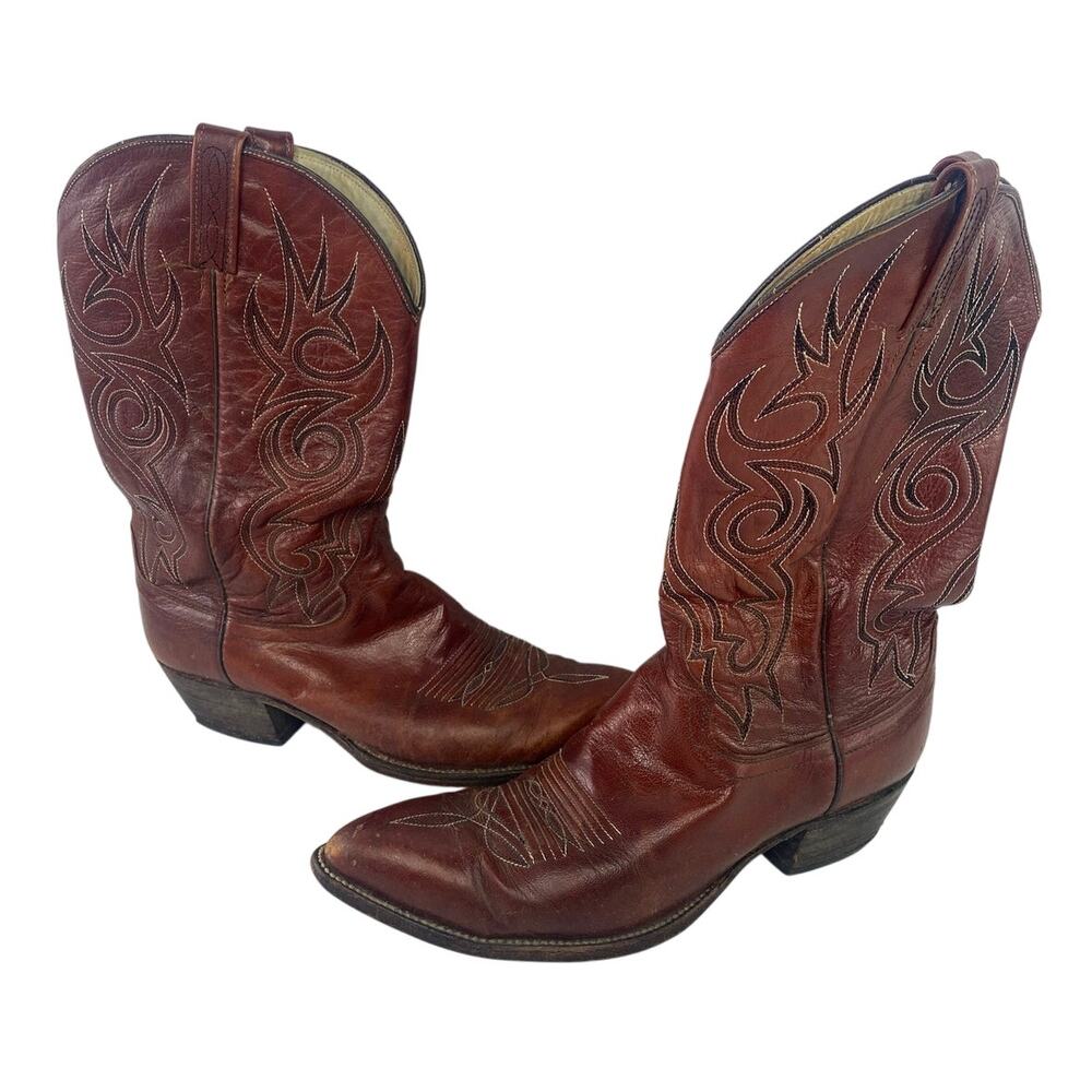 Vtg Dan Post Mens 12 Burgundy Leather Pull On Distress Western Cowboy Boots 6981